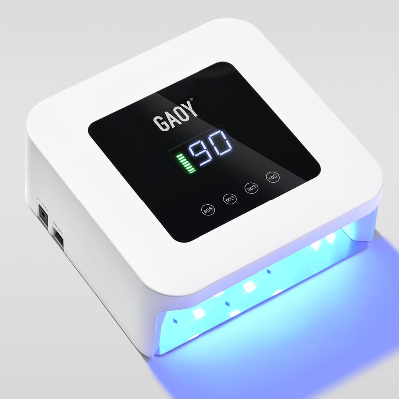 مصباح أظافر UV LED لاسلكي GAOY للأظافر الجل قابل لإعادة الشحن مع مجفف أظافر احترافي بأربعة مؤقتات ومستشعر تلقائي ووضع حساس للتجفيف السريع باللون الأبيض